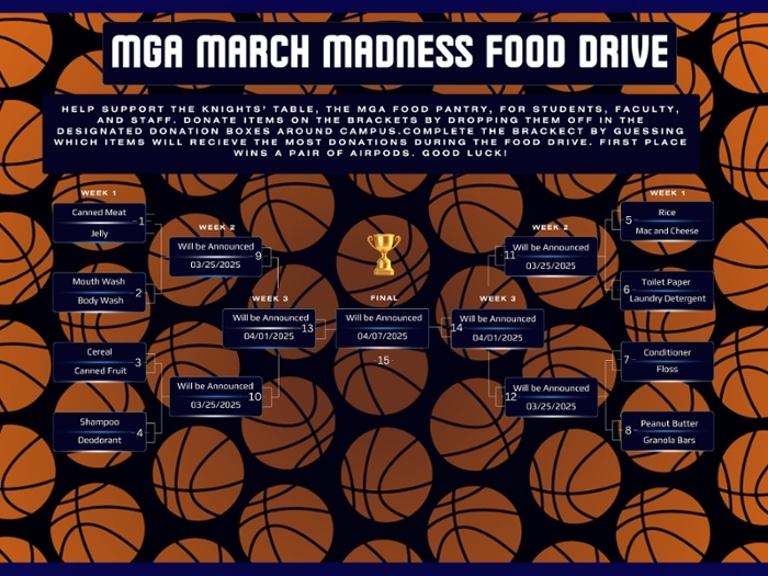 MGA March Madness Food Drive flyer.